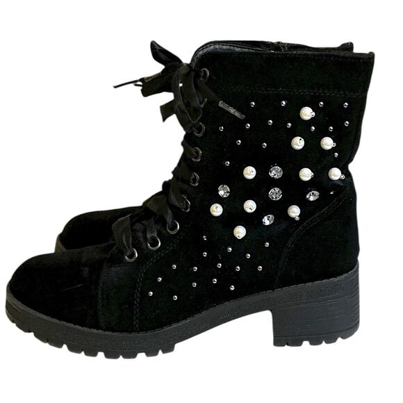 Madden Girl Boots Womens 7M Combat Black Rhinestone Studded Ankle Top Whimsigoth - Picture 7 of 12